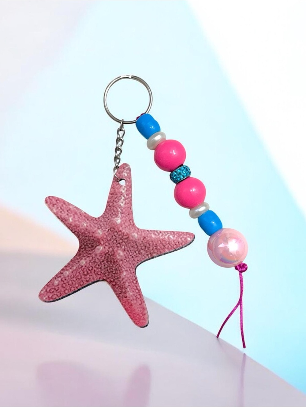 Pink Starfish Beaded Keychain and Card Holder Charm